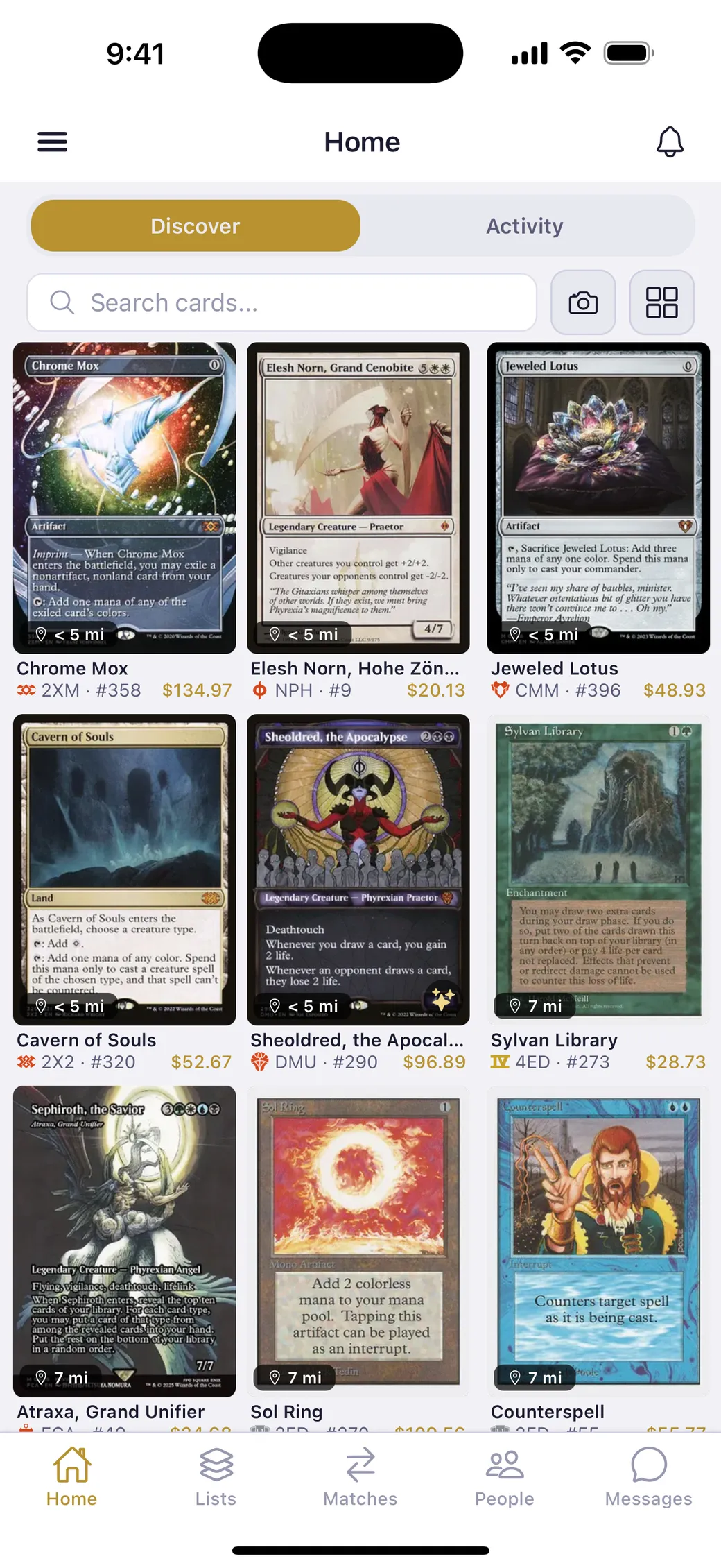SuperSwap home screen — browsing cards from nearby players with prices and distance.