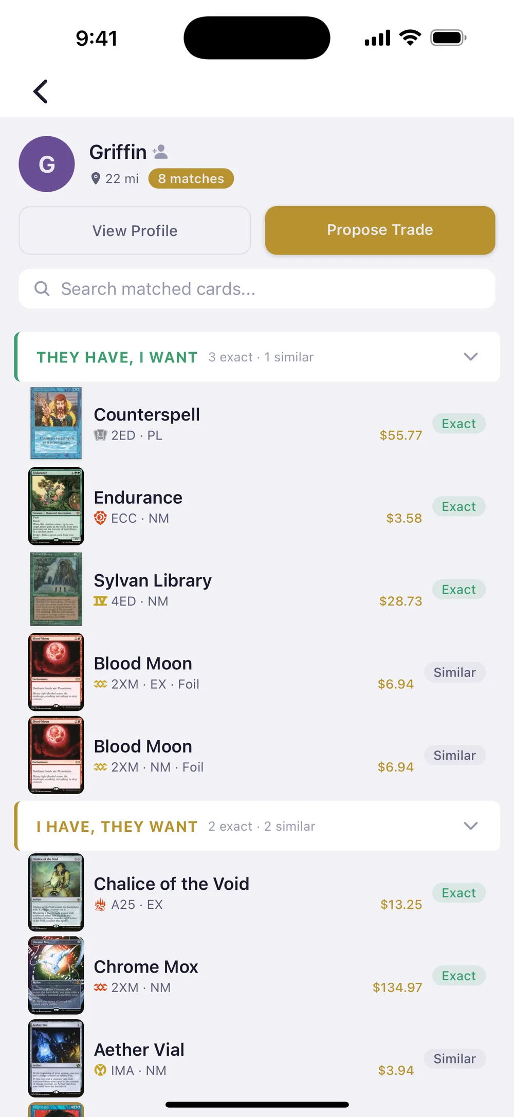 SuperSwap matches screen — exact and similar card matches with a nearby trader.